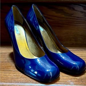 Miu Miu Square Toe Blue Patent Leather Pumps